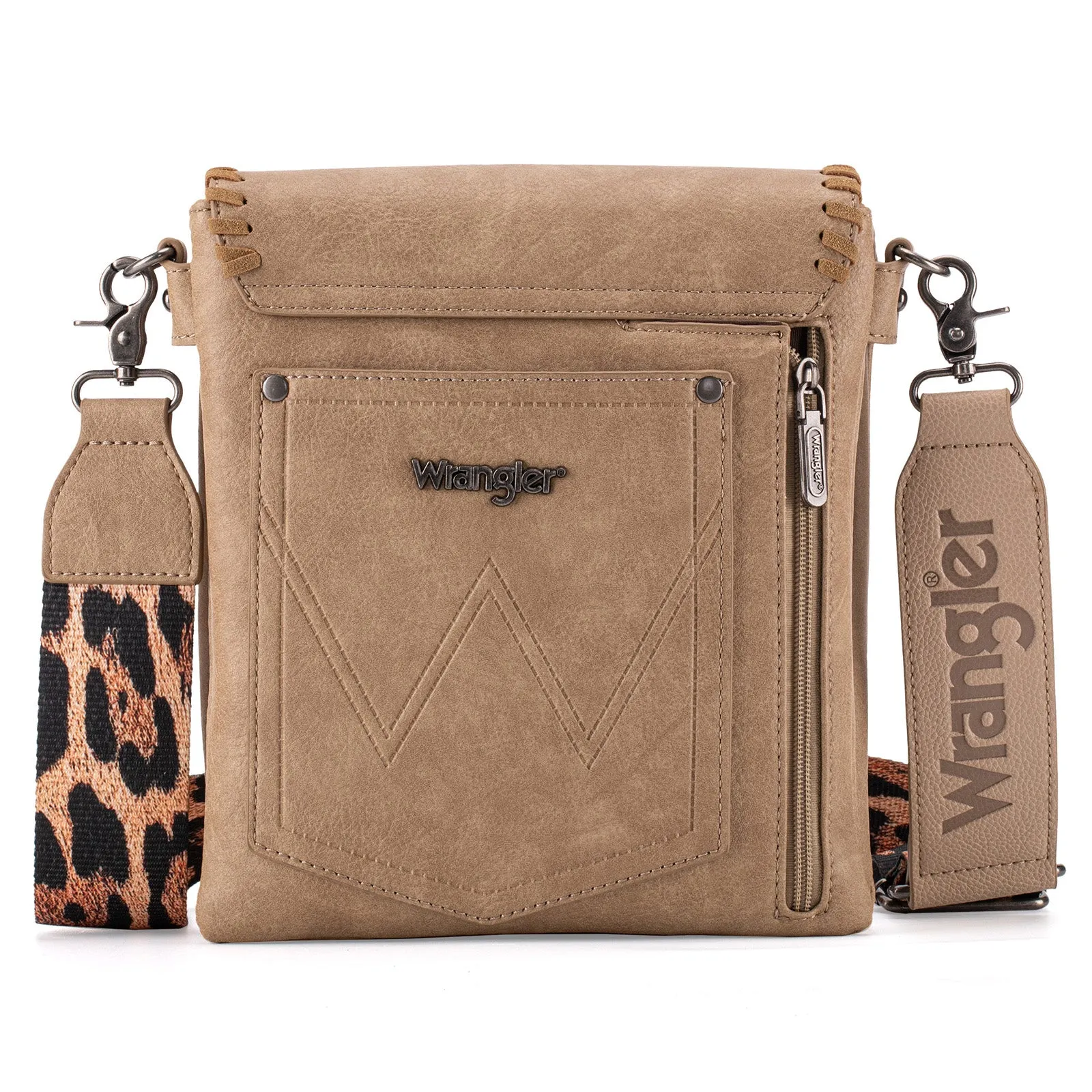 WG72-9360  Wrangler Whipstitch Leopard Print Crossbody - Khaki