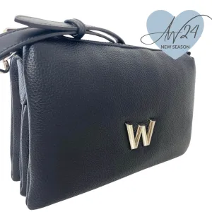 Wonders Black Triple Compartment Crossbody Bag